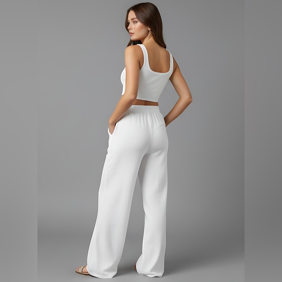 White Drawstring Waist Wide Leg Pants - Picture 4 of 7
